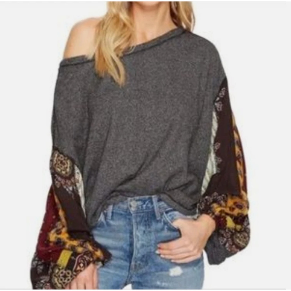 Free People We The Free Blossom Gray Thermal Top Patchwork Balloon Slv Sz M Boho - Picture 5 of 16